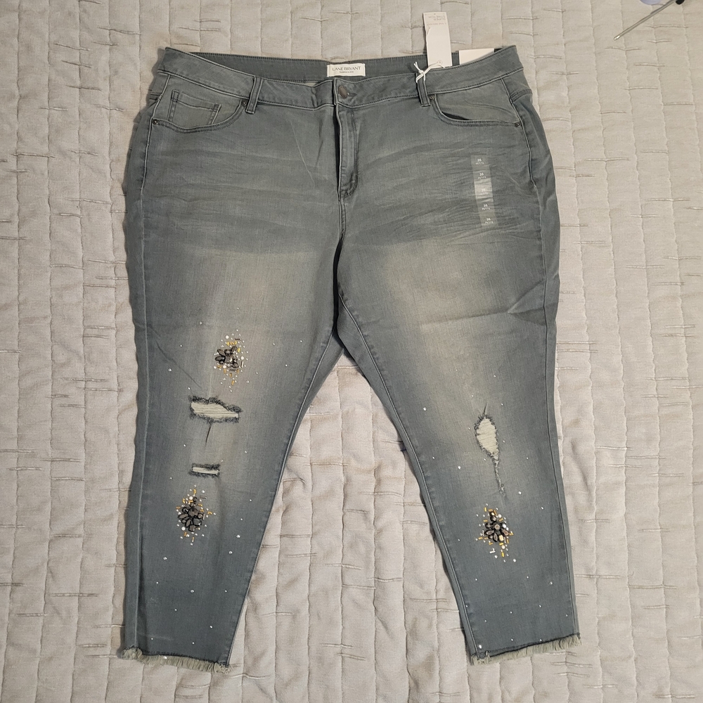 Lane Bryant Gray Distressed Skinny Jeans with Embellishments